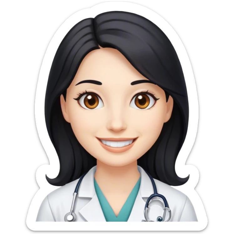 smiling doctor woman, brown eyes, white skin,  long black hair sticker