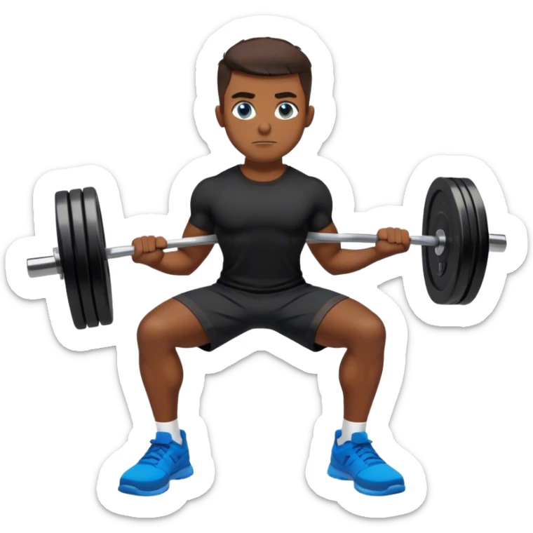 tanned man colored eyes black shorts black t shirt blue shoes barbell squats sticker