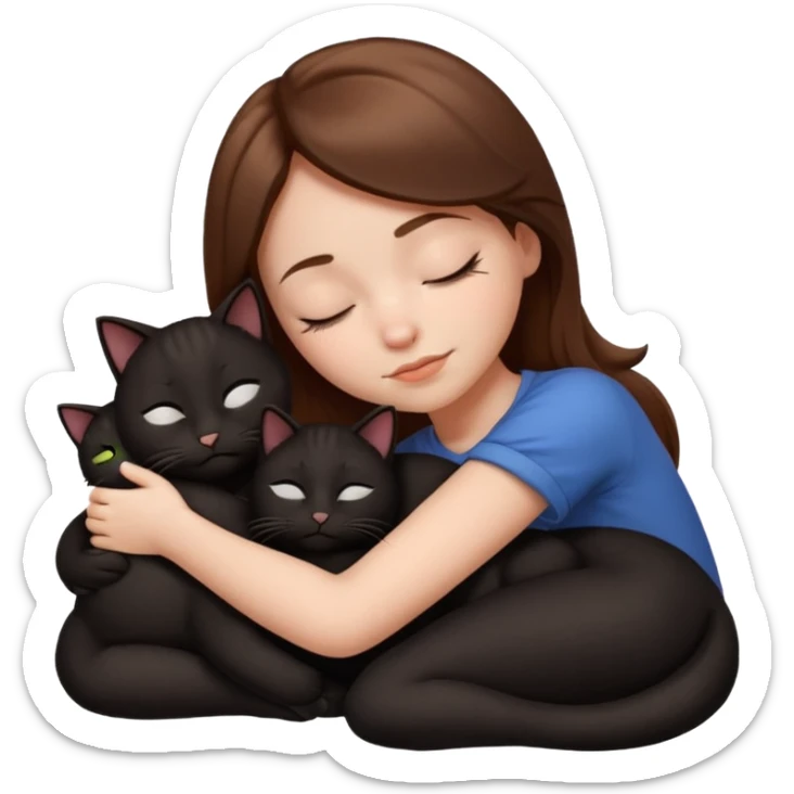 white girl with brown hair asleep hugging two black cats emoji style sticker