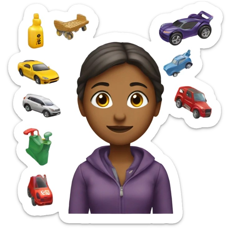 A woman who playing with the toys cars, and the word “Ok” at the top sticker