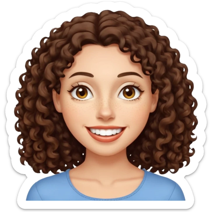 realistic emoji of a woman with shoulder-length dark curly hair, expressive almond eyes, freckles, full lips in a broad smile showing teeth, smooth glowing skin, calm friendly happy look sticker