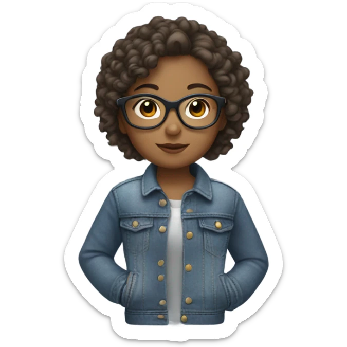 girl wth curly short brown hair with aviator glasses and denim jacket sticker