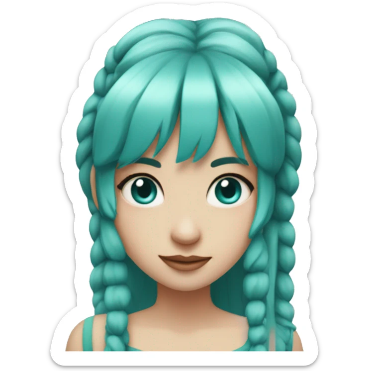 A female with pale skin and very long hair with 2 pigtails and turquoise hair and very straight bangs straight hair crimson eyes sticker