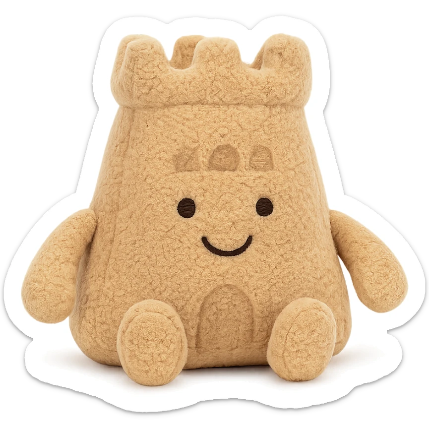 a cuddly jellycat sand castle plush, with smiling face and sandy color palette sticker