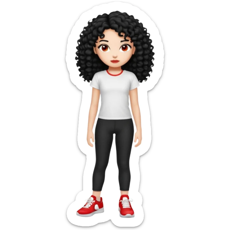 generate a pretty bratz fair skinned girl with curly black hair wearing a white tshirt trekking on a hill with red sneakers on and black leggings.  Put a hill behind her sticker