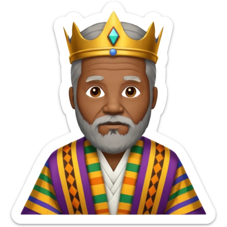 Create an emoji of an old African king with a large beard wearing kente cloth and white shirt sticker