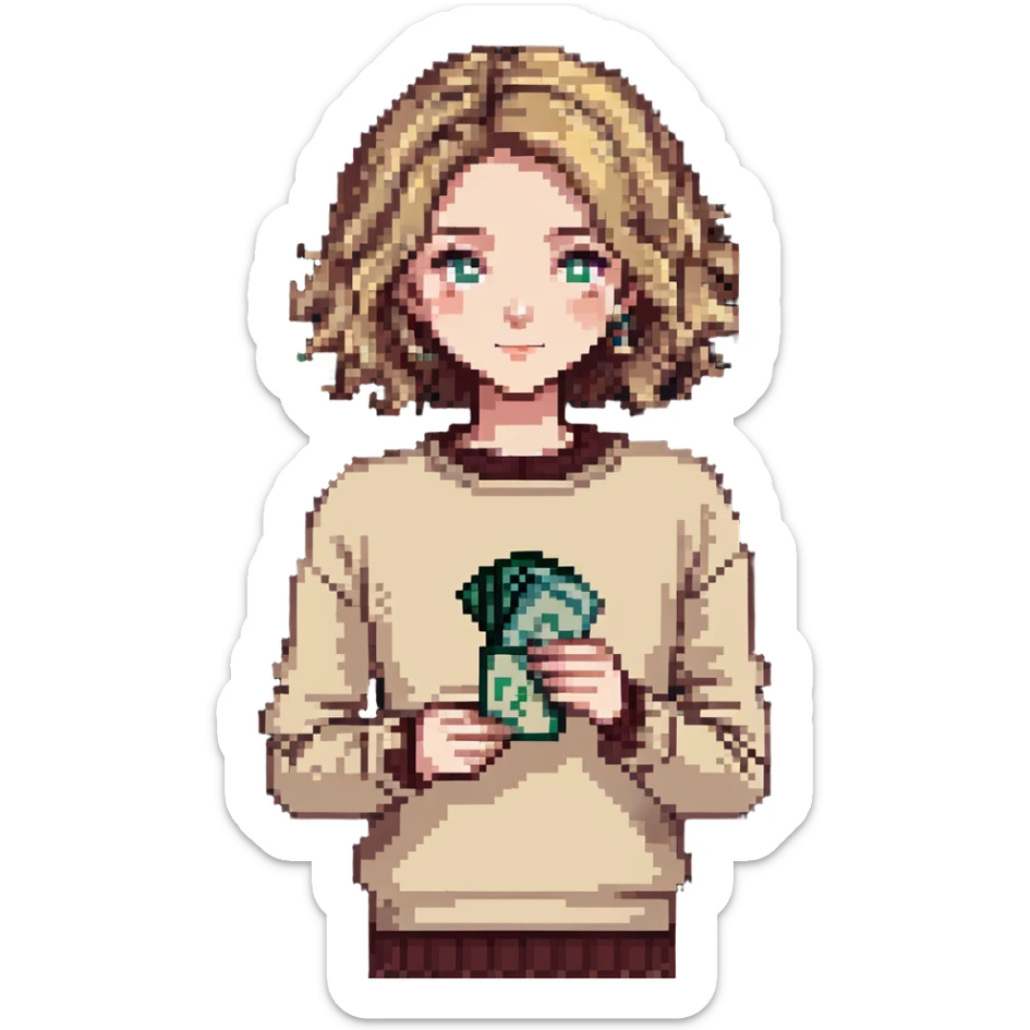 girl with rummy hair in beige sweater happy with money in hands sticker