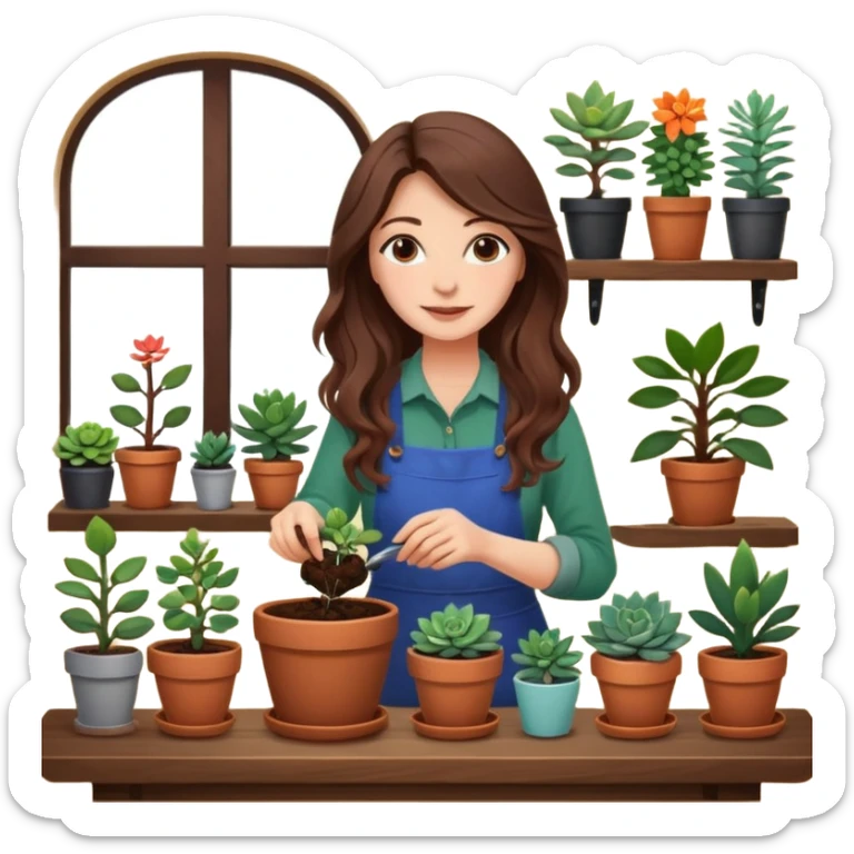 
Close-up of a woman with long, wavy brown hair planting a seedling in a pot. Surrounding her are plants and succulents with vibrant leaves and flowers. Sunlight filters through the window, casting soft shadows. A cozy interior space with gardening tools on a wooden table. sticker