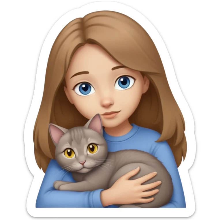 A girl with light brown hair and blue eyes hugs a gray lop-eared cat with yellow eyes sticker