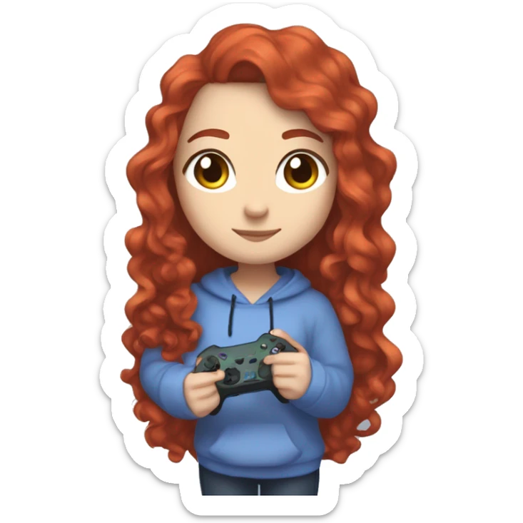 a white girl with long red curly hair, wearing periwinkle Minecraft hoodie holding a controller sticker