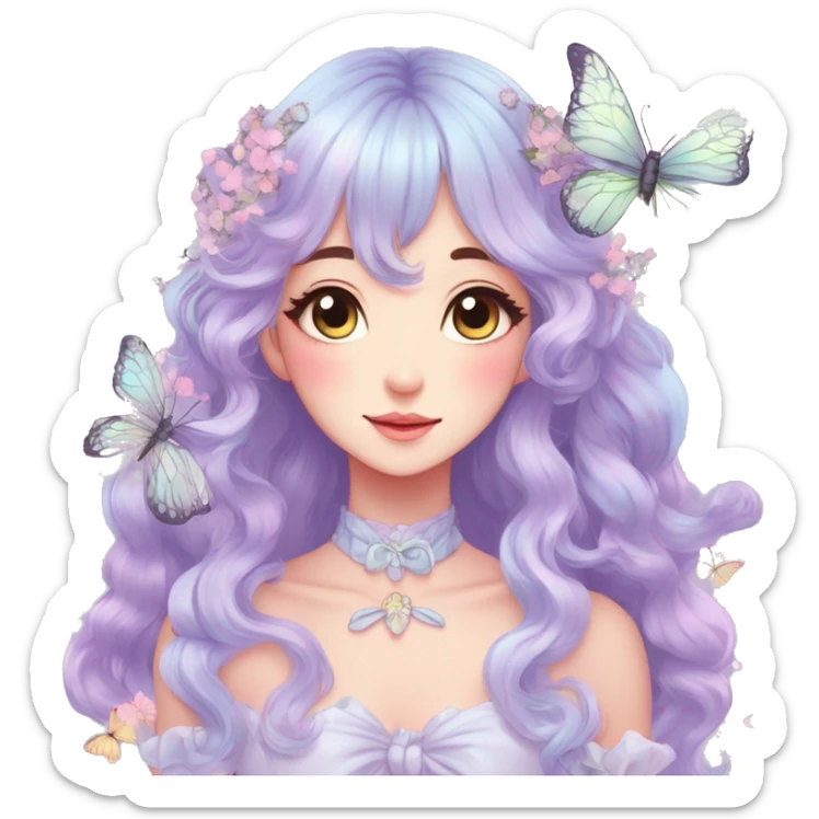 gorgeous anime pastel lady with butterflies and beautiful hair fairycore cottagecore sticker