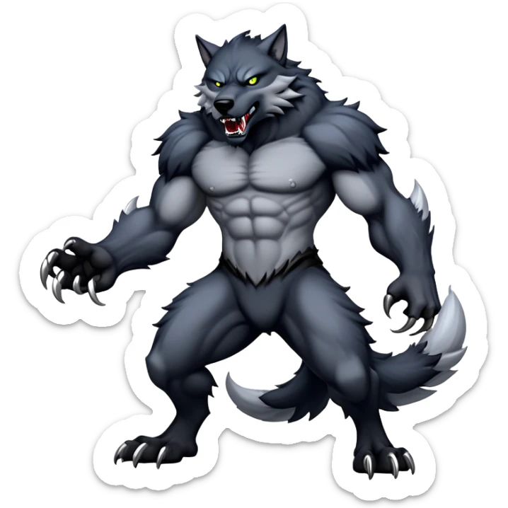 cinematic-noble-fierce-werewolf-full-body-emoji, poised-and-imposing, with a tall, lean, and muscular wolfish frame inspired by the brutal, imposing shape of the beast from Berserk, fur rippling in shades of midnight black and silver, massive paws with razor-sharp claws, elongated limbs and fangs, eyes glowing with an intense, primal ferocity, reflecting the untamed power of the wild moonlit night; rendered with realism sticker