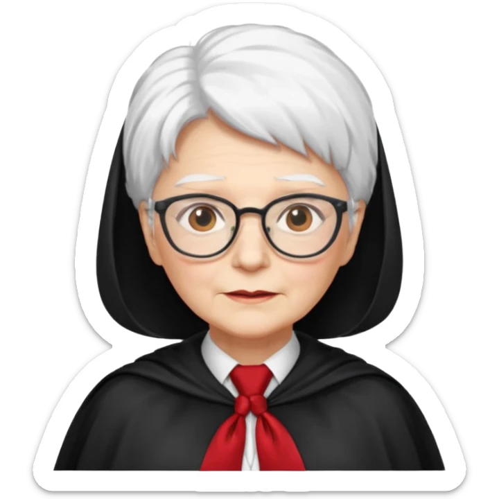 An older woman with glasses and white hair, in a red tie and black cape sticker
