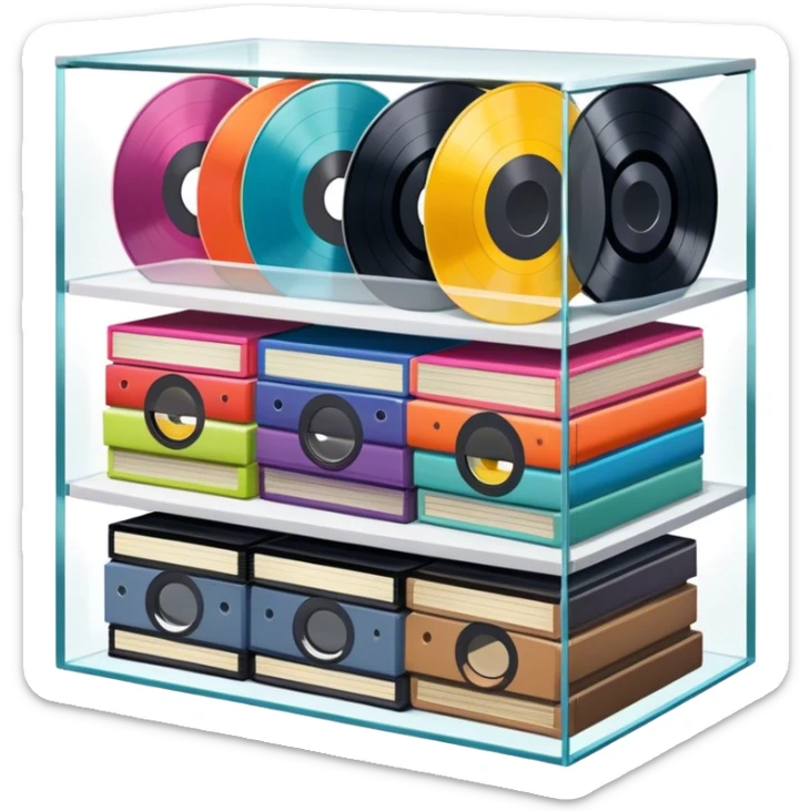 Icon for Vinyl Record Collecting: a shelf filled with a colorful assortment of vinyl records neatly stacked. The icon should evoke the love for collecting diverse vinyl records without including a record player. Transparent background. sticker