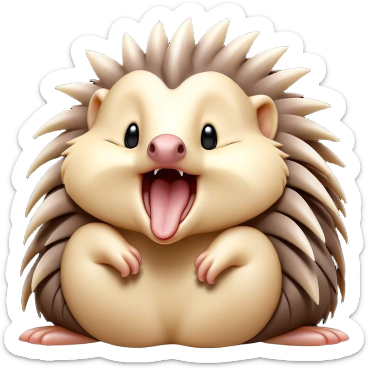 Cinematic Cute Yawning Echidna Portrait Emoji, Head tilted slightly with a dramatic, wide-open yawn, showcasing a soft, downy spiky fur with a slightly drooping snout and small, drowsy eyes, Simplified yet irresistibly adorable features, highly detailed, glowing with a soft, cozy glow, high shine, relaxed yet expressive, stylized with a touch of prickly whimsy, bright and endearing, soft glowing outline, capturing the essence of a sleepy yet affectionate echidna, so drowsy it feels like it could curl up out of the screen for a nap! sticker