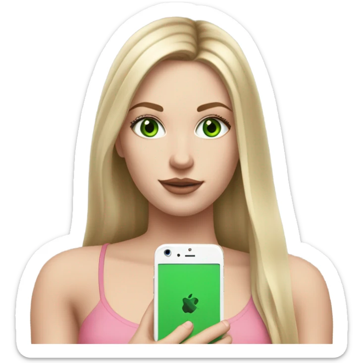 Realistic White girl with Long straight blonde hair, green eyes, tattoos, full body wearing white crop top, holding pink iphone sticker