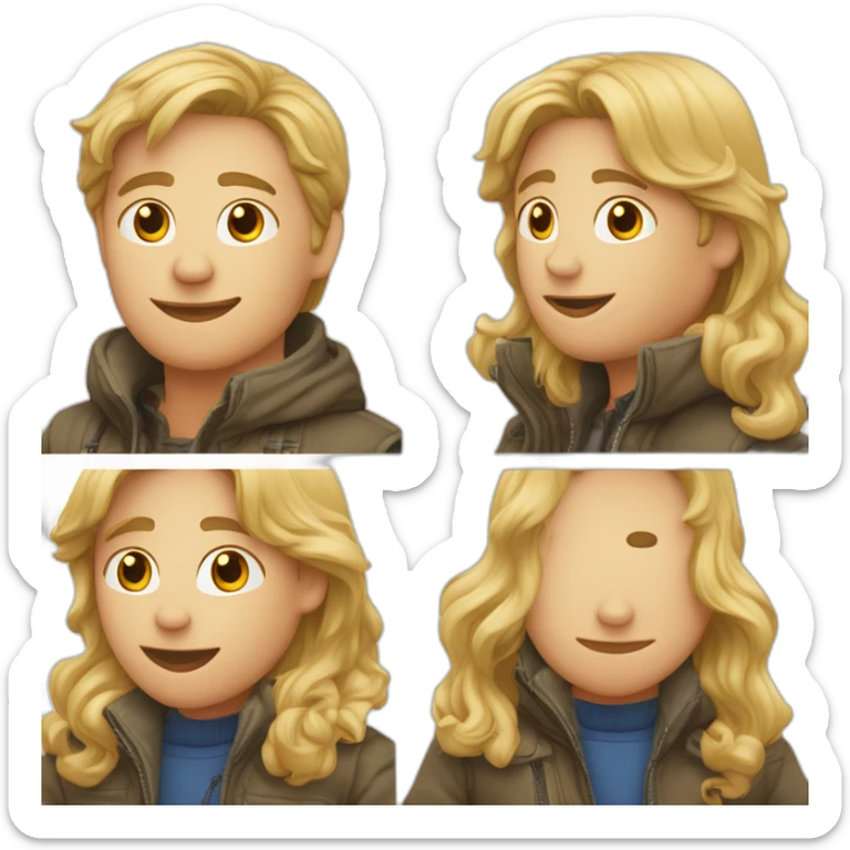 Een man met een rode jas aan met een groot gezicht en kort blond haar en een spijkerbroek aan en witte tanden sticker