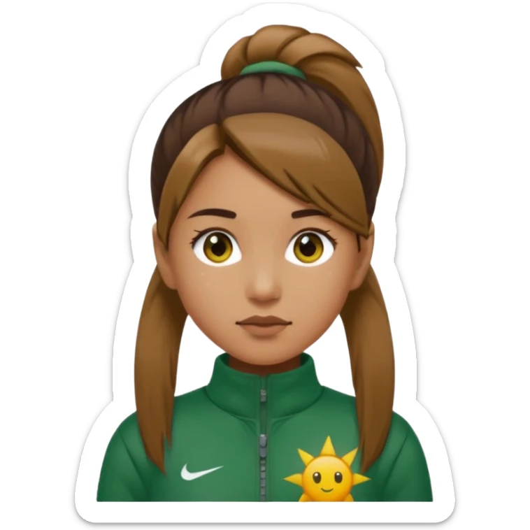 ​"A high-resolution mosaic of a girl with determined eyes and a high brown ponytail, meticulously crafted from thousands of tiny emojis."
​"The art captures her forest-green tracksuit and a sun-drenched, blurred background using creative emoji shading." sticker