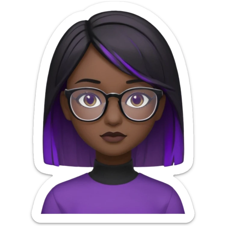 chica bonita con ligero cabello negro con rayas moradas que llega hasta los hombros con lentes cuadrados de estatura pequeña con ropa negra con otro estilo de cabello sticker