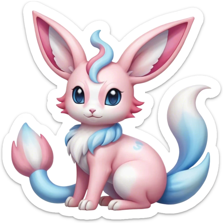 Feral Rare Fantasy cute realistic adorable pastel pink light-blue white iridescent Sylveon-Milotic-Minccino-Vernid-hybrid by LiLaiRa, markings, tufted ears, full body sticker