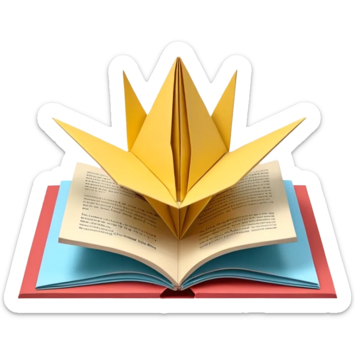 3D render of Pop-Up Book entirely of folded origami paper, sharp creases, cardboard texture, matte finish, visible paper grain, craft aesthetic,emoji style, isolated on white background --v 6.0 sticker
