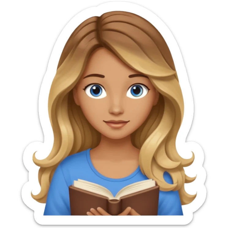 pretty female with long wavy brown hair with blonde highlights and blue eyes  in a relaxed position reading the book 'Rebecca' sticker