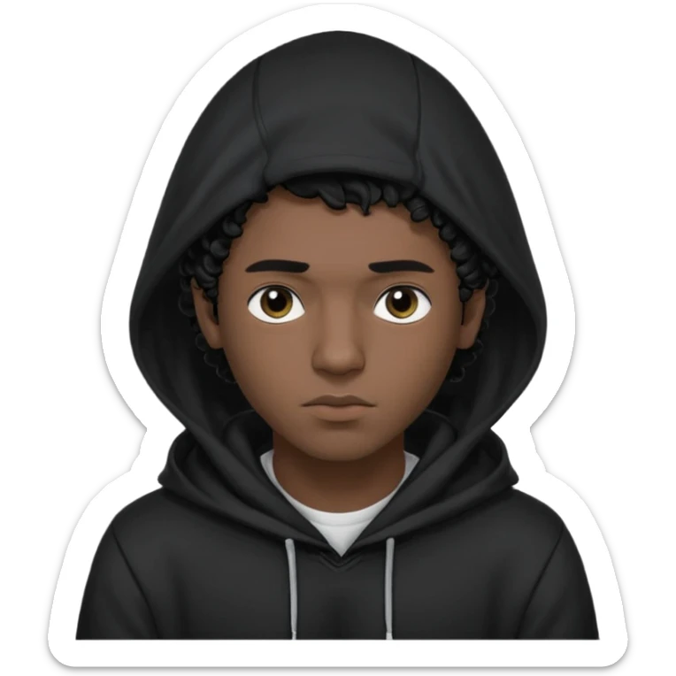 Emoji with guy with curly black hair and short quiff hairstyle, he is looking similar to music artist Central Cee, wear black t-shirt and black hoodie with hood pulled on his head. Looking straight at us, without deforming his face sticker