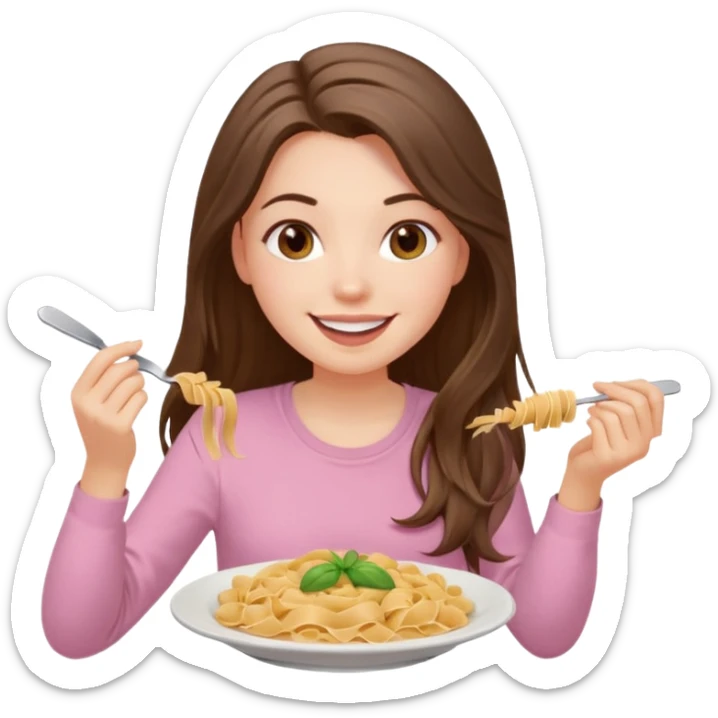 smiling white long brunette hair girl with hazel eyes in light pink with pasta sticker