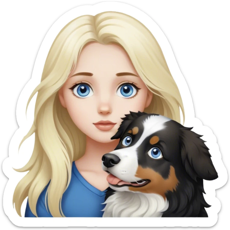 pale girl with blue eyes and long blonde hair and black white Australian shepherd. sticker