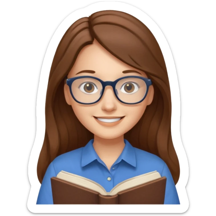 Women with long brown hair smiling, the lady wear glasses and a blue shirt reflecting harmony and peace. En her hands have a open book  sticker