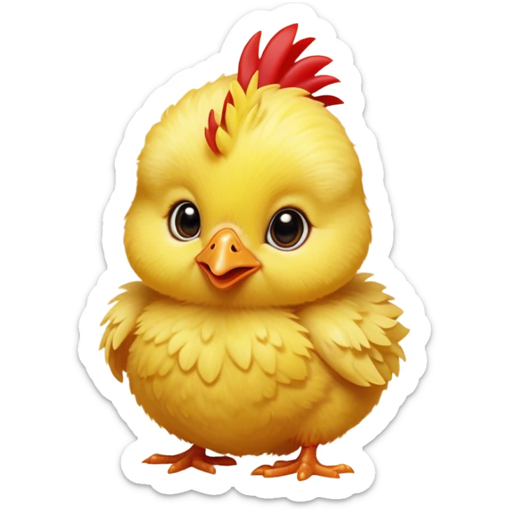 Cinematic Cute Yellow Baby Chicken Portrait Emoji, Head tilted playfully and inquisitively, featuring a fluffy, vibrant yellow downy coat with a tiny red comb, round, sparkling beady eyes filled with curiosity, Simplified yet irresistibly adorable features, highly detailed, glowing with a warm, friendly glow, high shine, affectionate and lively, stylized with a touch of playful whimsy, bright and endearing, soft glowing outline, capturing the essence of a mischievous yet loving chick, so playful it feels like it could peep out of the screen and into your arms! sticker