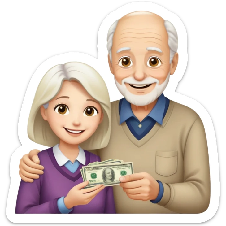 Kind elderly grandfather giving money to young adult woman who needs financial help, supportive family moment sticker