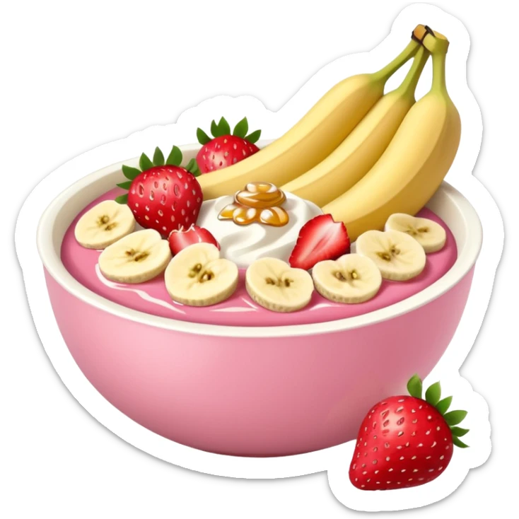 rose colour yougurt bowl with sliced fruits like strawberries and bananas, and some oat on the top and some honey sticker