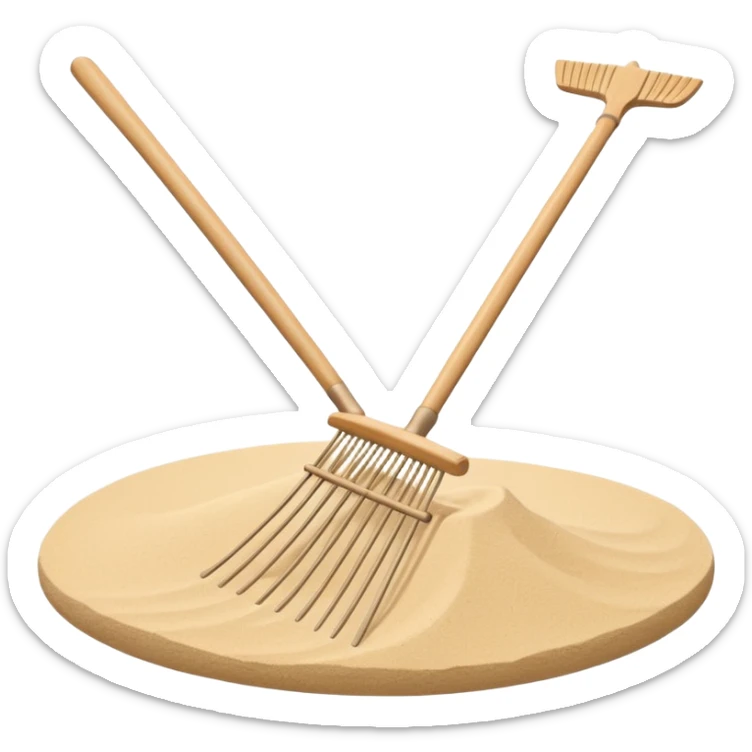 Minimalist emoji of a traditional Japanese zen garden rake (kumade) thin and balanced lines, natural light wood texture, soft sand-beige and warm neutral tones, flat vector style with subtle depth, centered composition, transparent background sticker