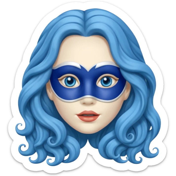Life like mask of female with long wavy blue hair, empty eyes and mouth sticker
