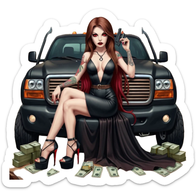 Lilith symbol red eye seductress evil long brown haired sexy succubus woman with leather long dress with slit, sitting in Big Large F350 pickup truck. Black Platform high heels on feet. Tattoo sleeve arms, seat full of stacks of cash, and a man dead human skull of her enemies and a gun in other hand sticker