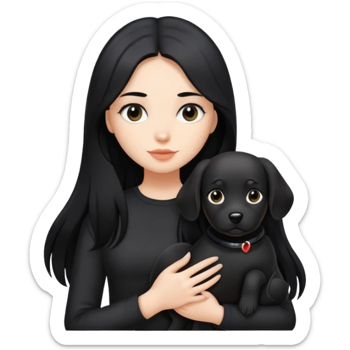 A girl with long black hair wearing black clothes holding a black dog in one hand sticker