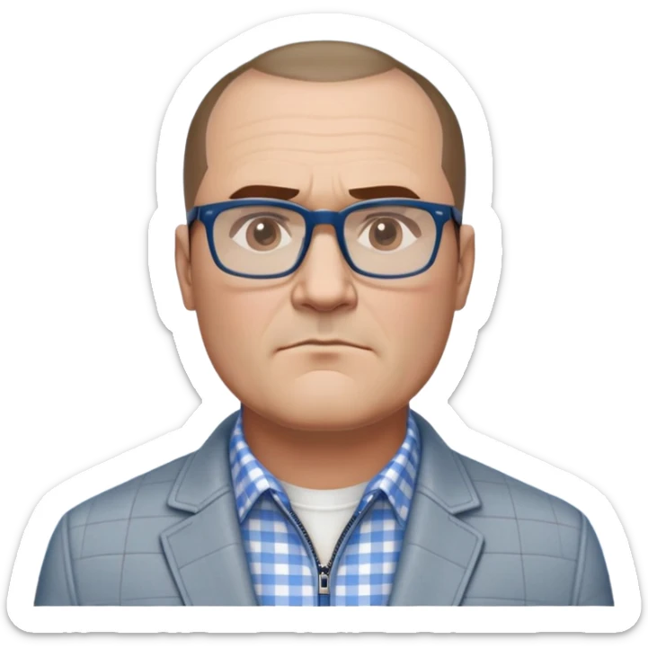 50-year-old heavyset man with very wide face and prominent square jawline. Short straight hair combed to the side, not balding. Large dark square glasses. Serious-relaxed expression. Light gray jacket that fits his larger frame, white shirt with blue checkered pattern. sticker