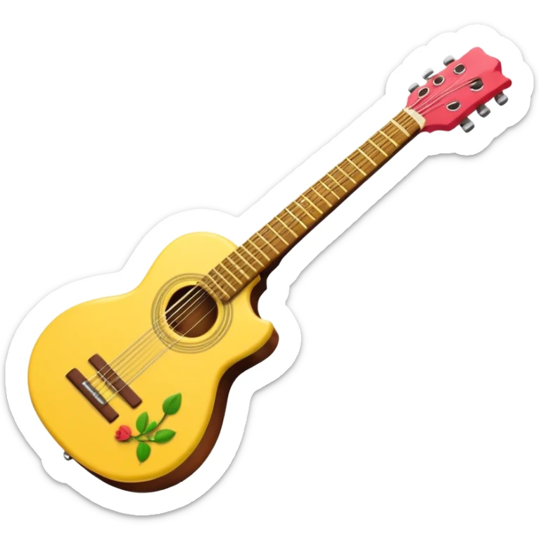 Un emoji estilo iPhone de una guitarra desarmanle vacía por dentro , con cuerpo color amarillo/dorado, mástil marrón y clavijas doradas. En el clavijero, en la parte superior izquierda, lleva una rosa roja con hojas verdes. El diseño debe ser minimalista, limpio, con bordes suaves y sombreados, sticker