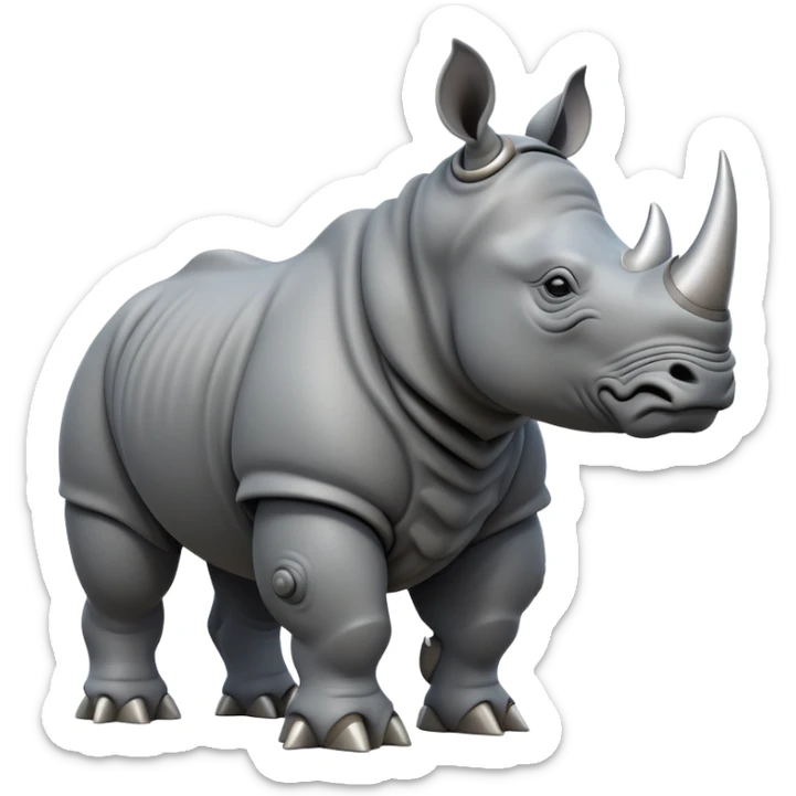 cinematic-rhino-full-body-standing-emoji,slate grey skin -massive-armored-body-poised-powerfully,-thick-horn-curving-slightly-forward,-head-tilted-dramatically,-rough-grey-hide-covered-in-dust,-simplified-focused-features sticker