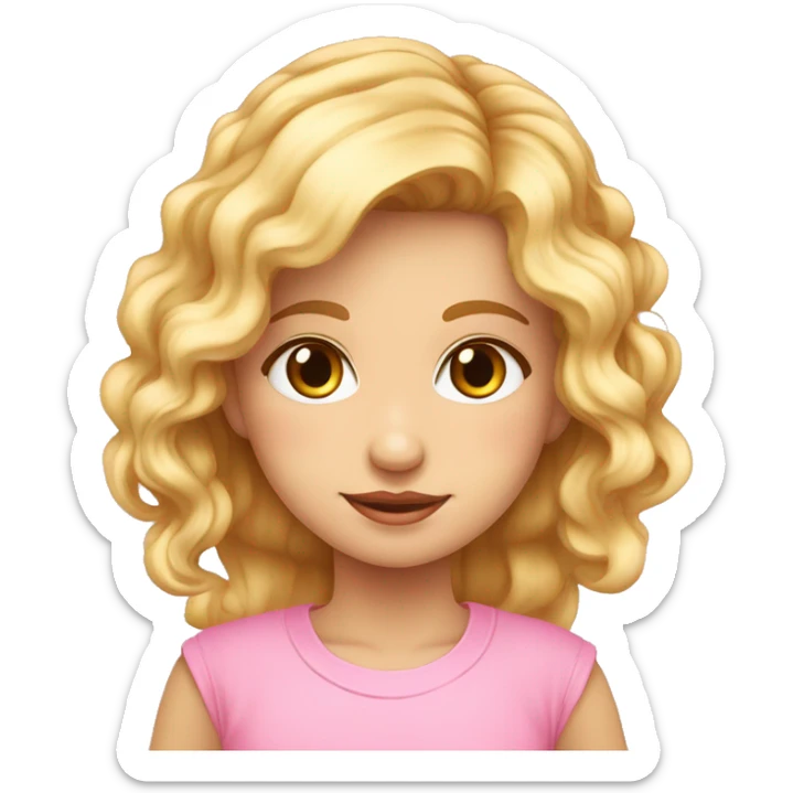 Niña rubia con pelo rizado, pasador rosa, nariz redondita y ojos marrones. Camiseta rosA. sticker