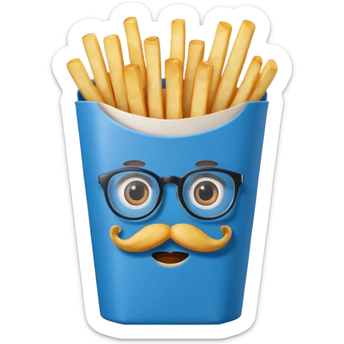 long slim crispy fries in a blue carton, carton has eyes and mustache and glassess sticker