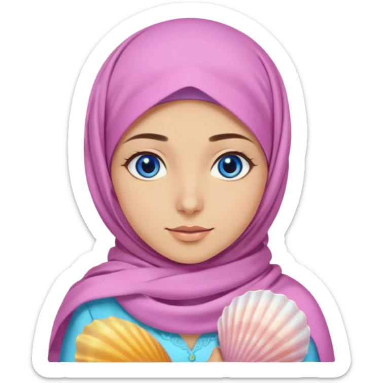 Turkish beautiful finish Konya girl blue eyes with pink yellow Lila summer hijab islamic dress and had on her hijab shells sticker