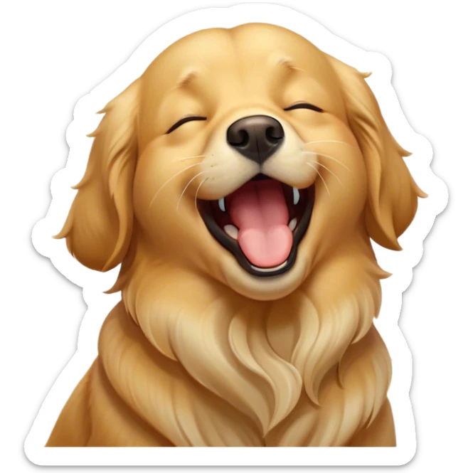 Cinematic Cute Yawning Golden Retriever Portrait Emoji, Head tilted slightly with a dramatic, wide-open yawn, revealing a silky golden coat with a subtle shimmer, floppy ears slightly drooping, round brown eyes barely open in drowsy contentment, Simplified yet irresistibly adorable features, highly detailed, glowing with a soft, cozy glow, high shine, relaxed yet expressive, stylized with a touch of whimsy, bright and endearing, soft glowing outline, capturing the essence of a sleepy yet affectionate companion, so drowsy it feels like it could stretch out of the screen and curl up for a nap! sticker
