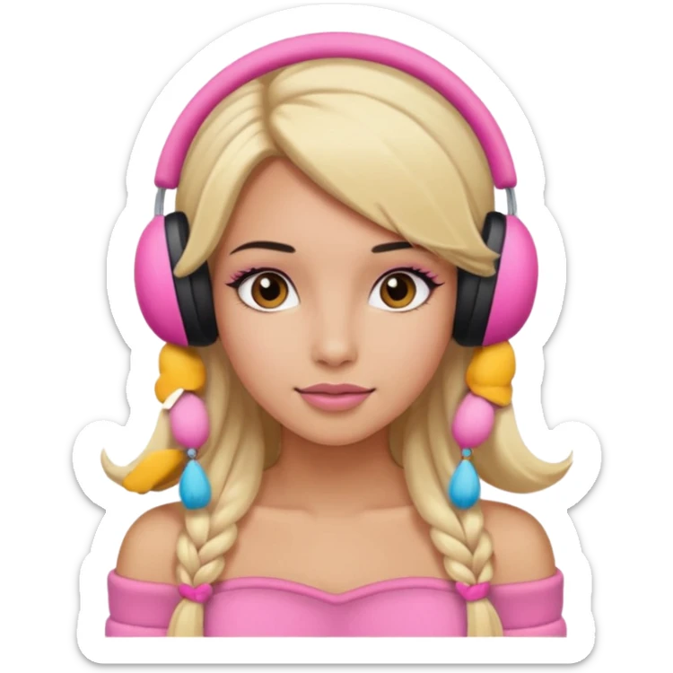 Mädchen mit blondem glattem langem Haar und rosanen top ohne Träger und rosa  Winterohrenschützer und latina make up sticker