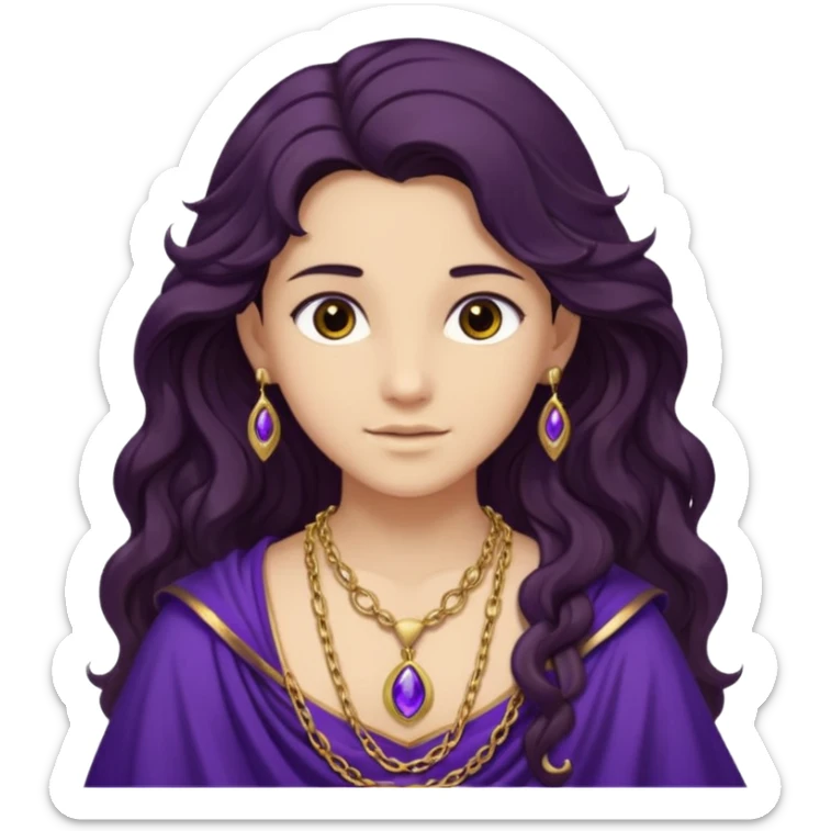Libera from Olympus Gods with long dark brown wavy hair, dark purple stola sticker