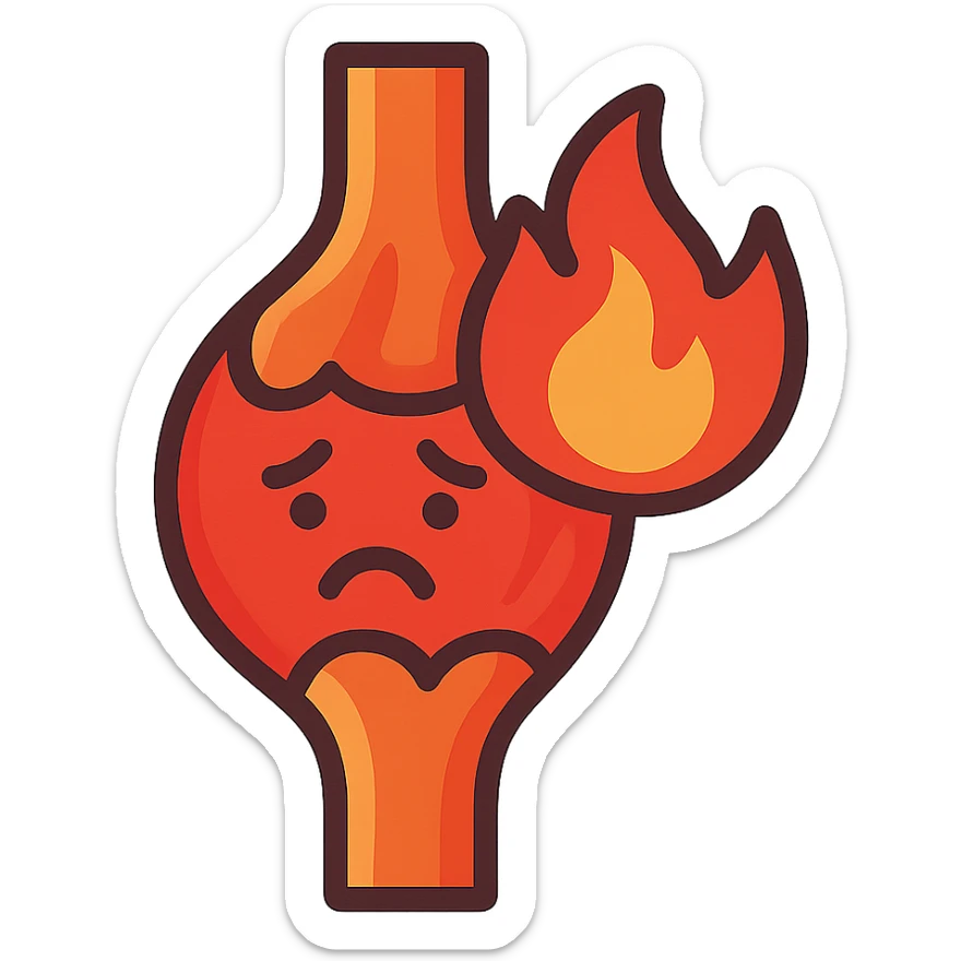 cartoon icon of an inflamed muscle or joint with a fire symbol, sad face, orange-red color palette, medical cartoon style sticker