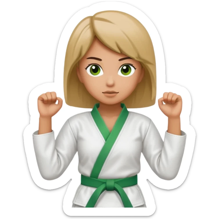 A woman in a karate uniform with a green belt  sticker