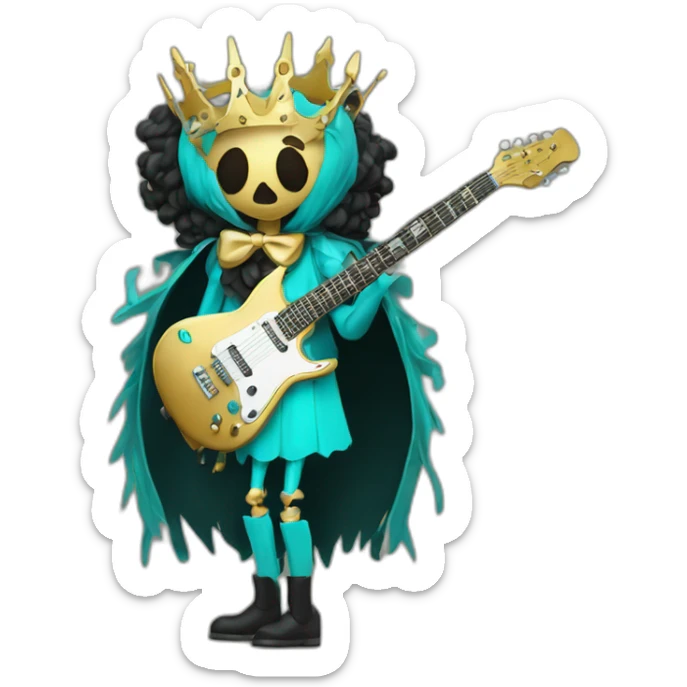 Soolking brook ;black affro cut ;turquoise electric guitar;golden crown ;skeletal face sticker