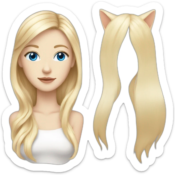 White woman with long blonde hair, blue eyes, white cat with brown eye, blue eye sticker
